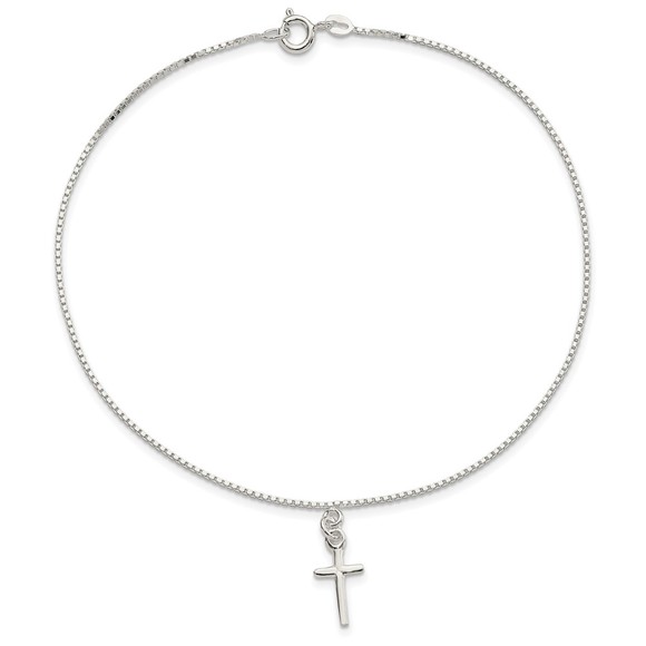 925 Sterling Silver 10 in Solid Polished Cross Charm on Box Chain Jewelry Anklet - Picture 4 of 7